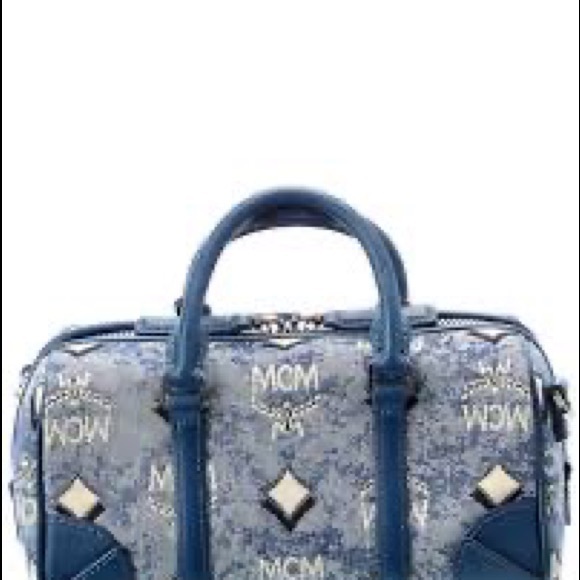 MCM BOSTON MINI VINTAGE JACQUARD MONOGRAM BLUE CANVAS & LEATHER BAG - Picture 7 of 10